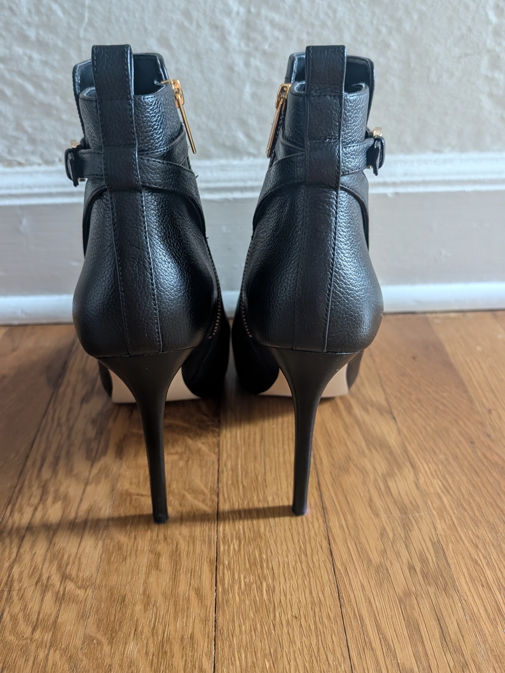 Michael Kors Black Pointed-Toe Stiletto Ankle Booties with Gold Buckle - Picture 6 of 7